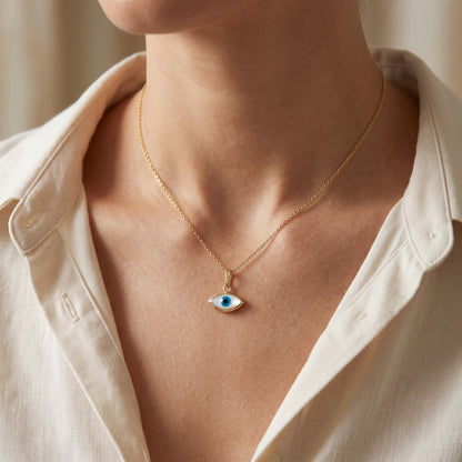 10K Solid Yellow Gold Evil Eye Necklace, Blue & White Eye Pendant
