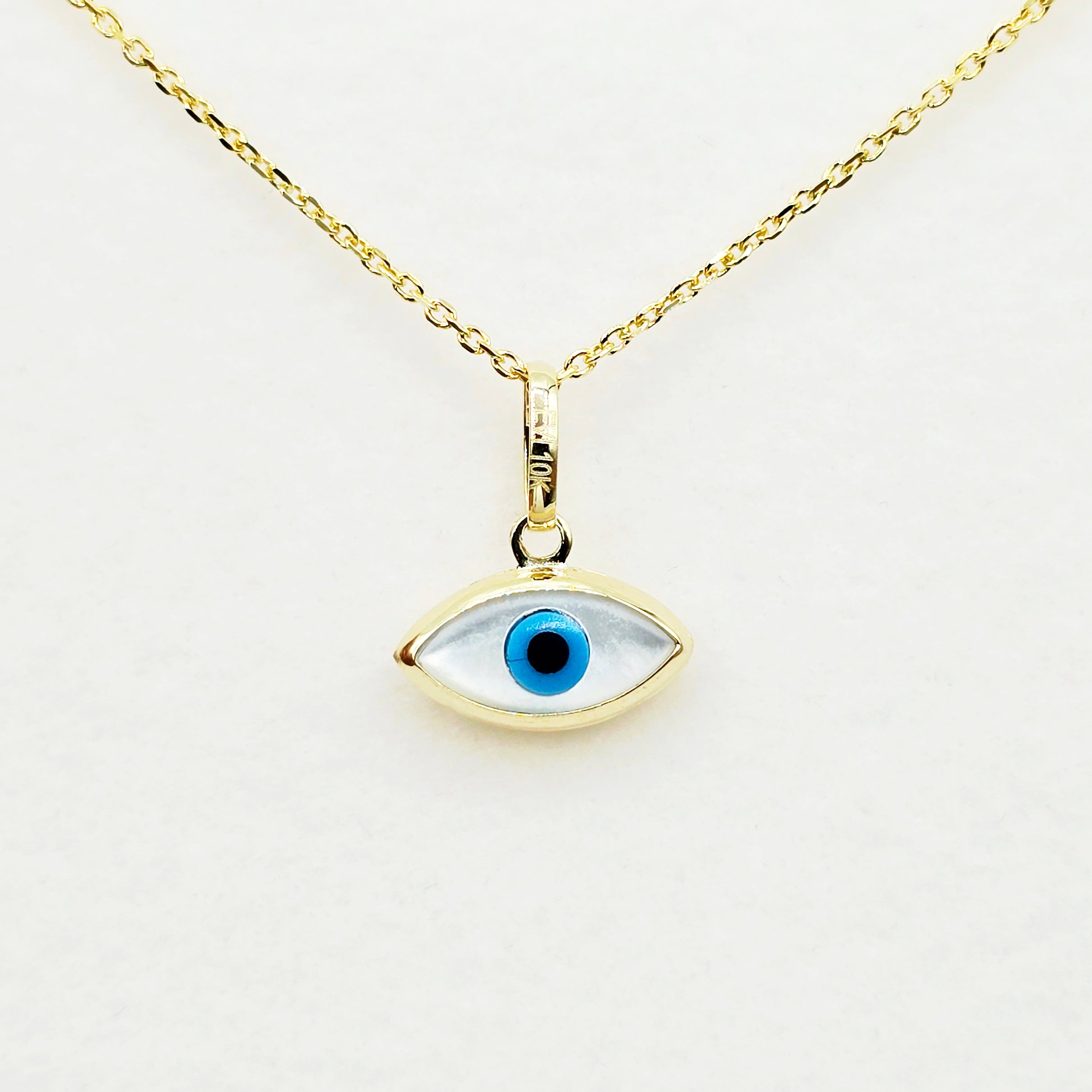 10K Solid Yellow Gold Evil Eye Necklace, Blue & White Eye Pendant