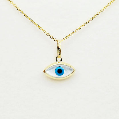 10K Solid Yellow Gold Evil Eye Necklace, Blue & White Eye Pendant
