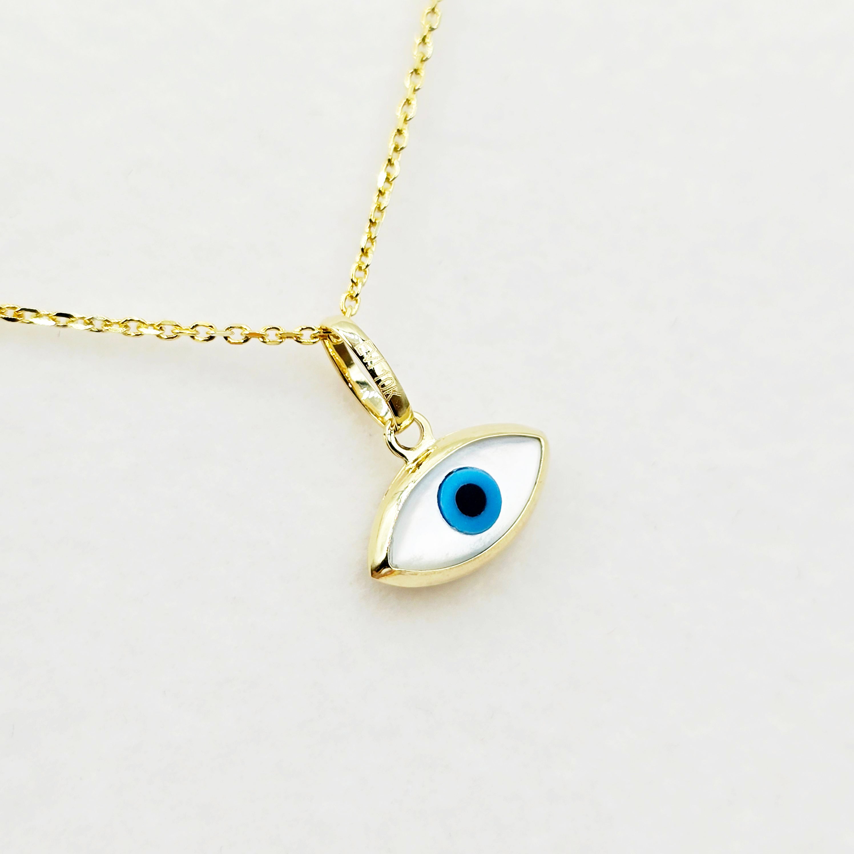 10K Solid Yellow Gold Evil Eye Necklace, Blue & White Eye Pendant