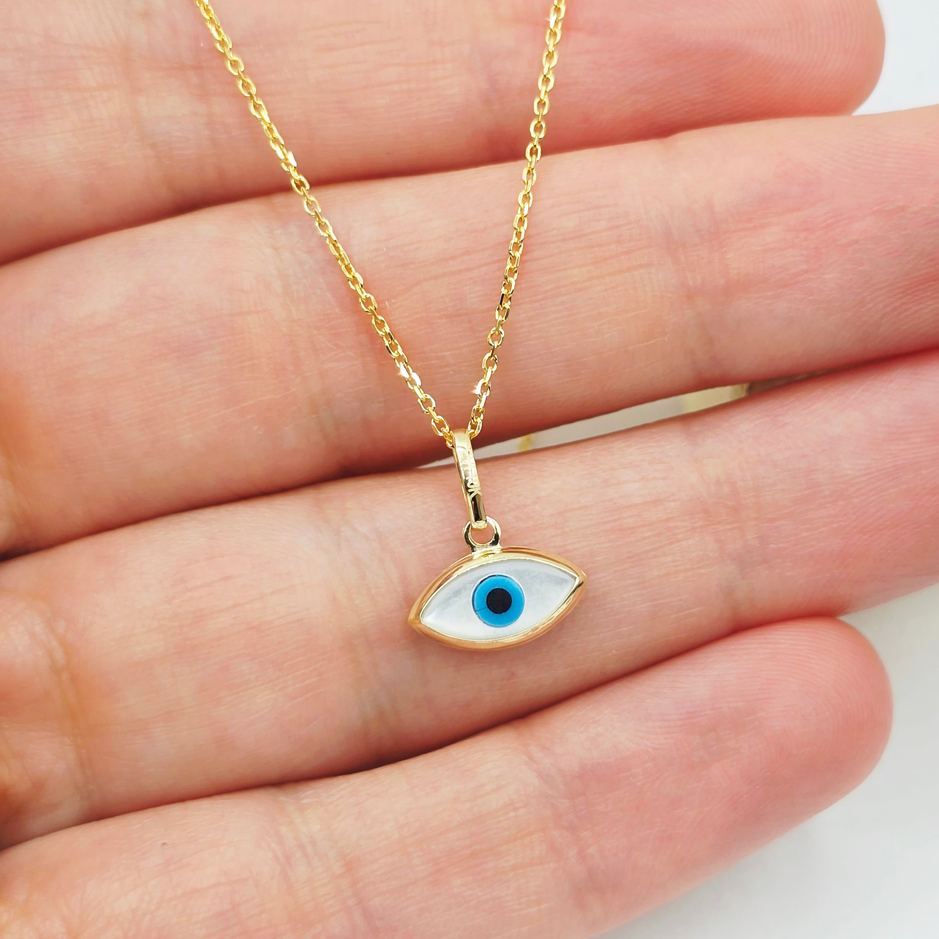 10K Solid Yellow Gold Evil Eye Necklace, Blue & White Eye Pendant