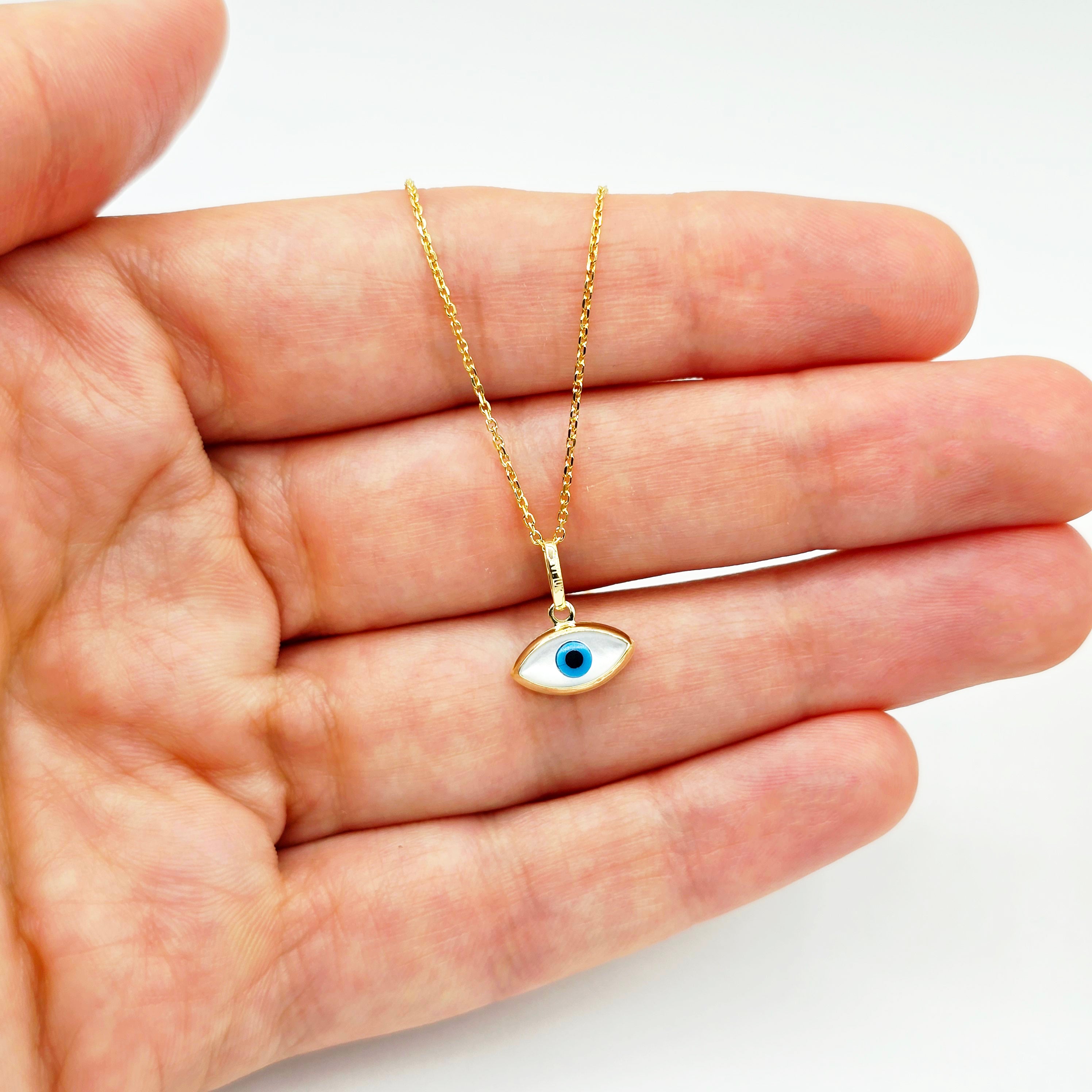 10K Solid Yellow Gold Evil Eye Necklace, Blue & White Eye Pendant