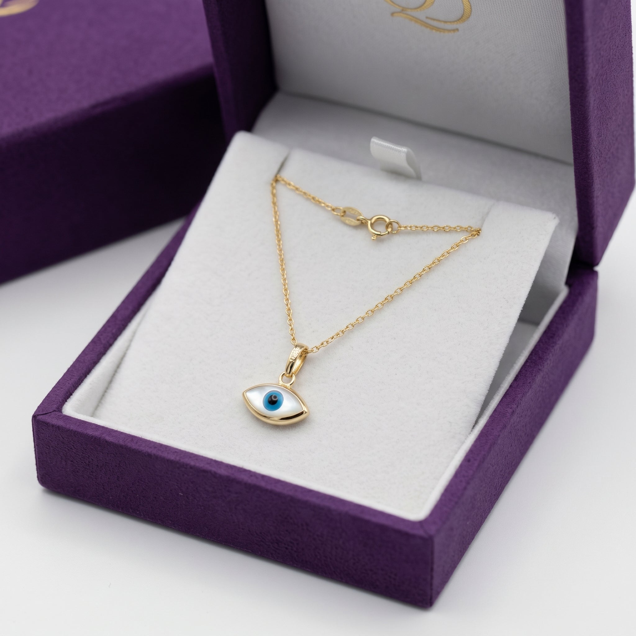 10K Solid Yellow Gold Evil Eye Necklace, Blue & White Eye Pendant