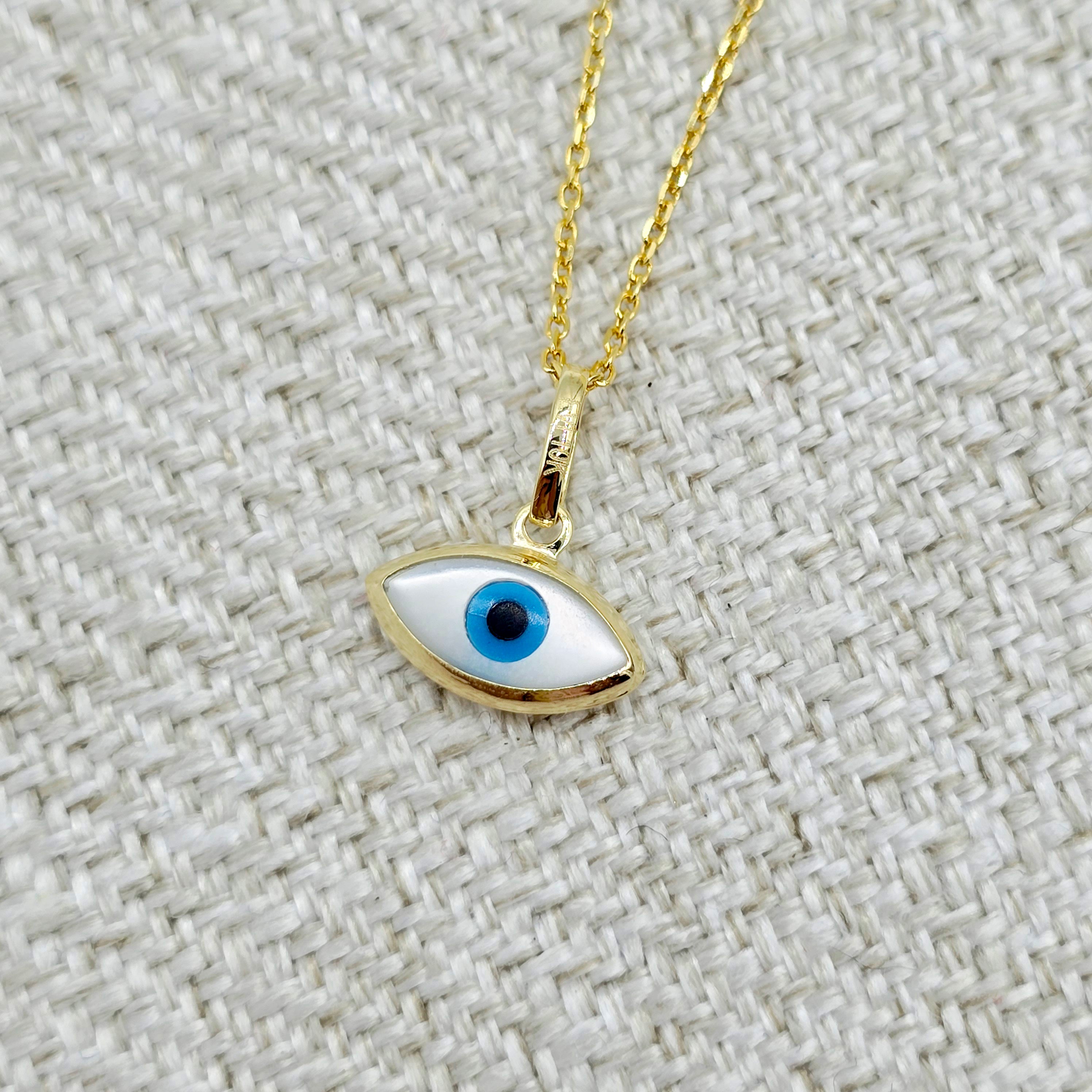 10K Solid Yellow Gold Evil Eye Necklace, Blue & White Eye Pendant