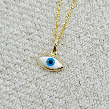 10K Solid Yellow Gold Evil Eye Necklace, Blue & White Eye Pendant
