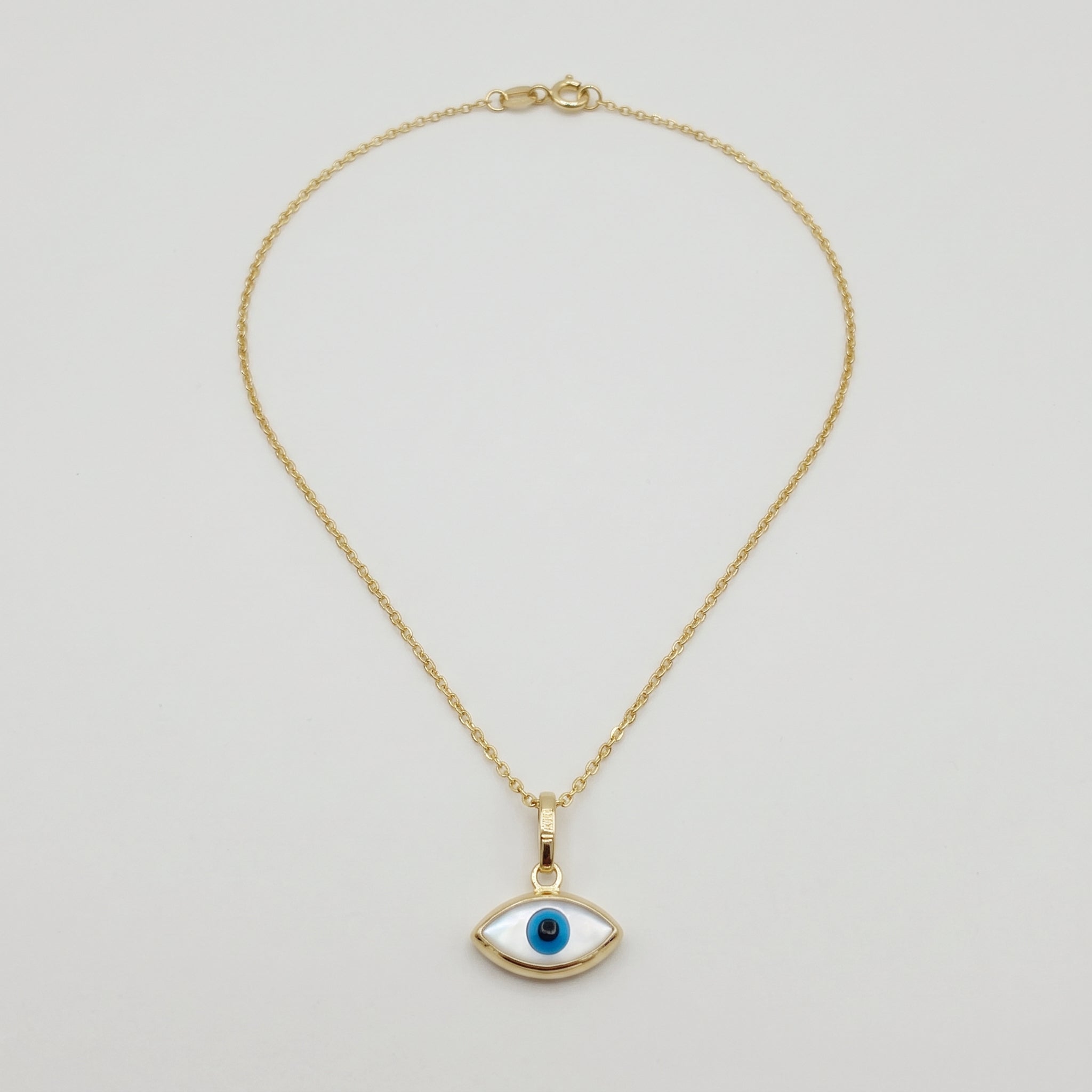 10K Solid Yellow Gold Evil Eye Necklace, Blue & White Eye Pendant