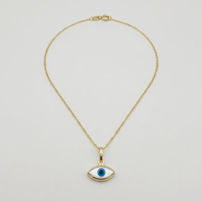 10K Solid Yellow Gold Evil Eye Necklace, Blue & White Eye Pendant