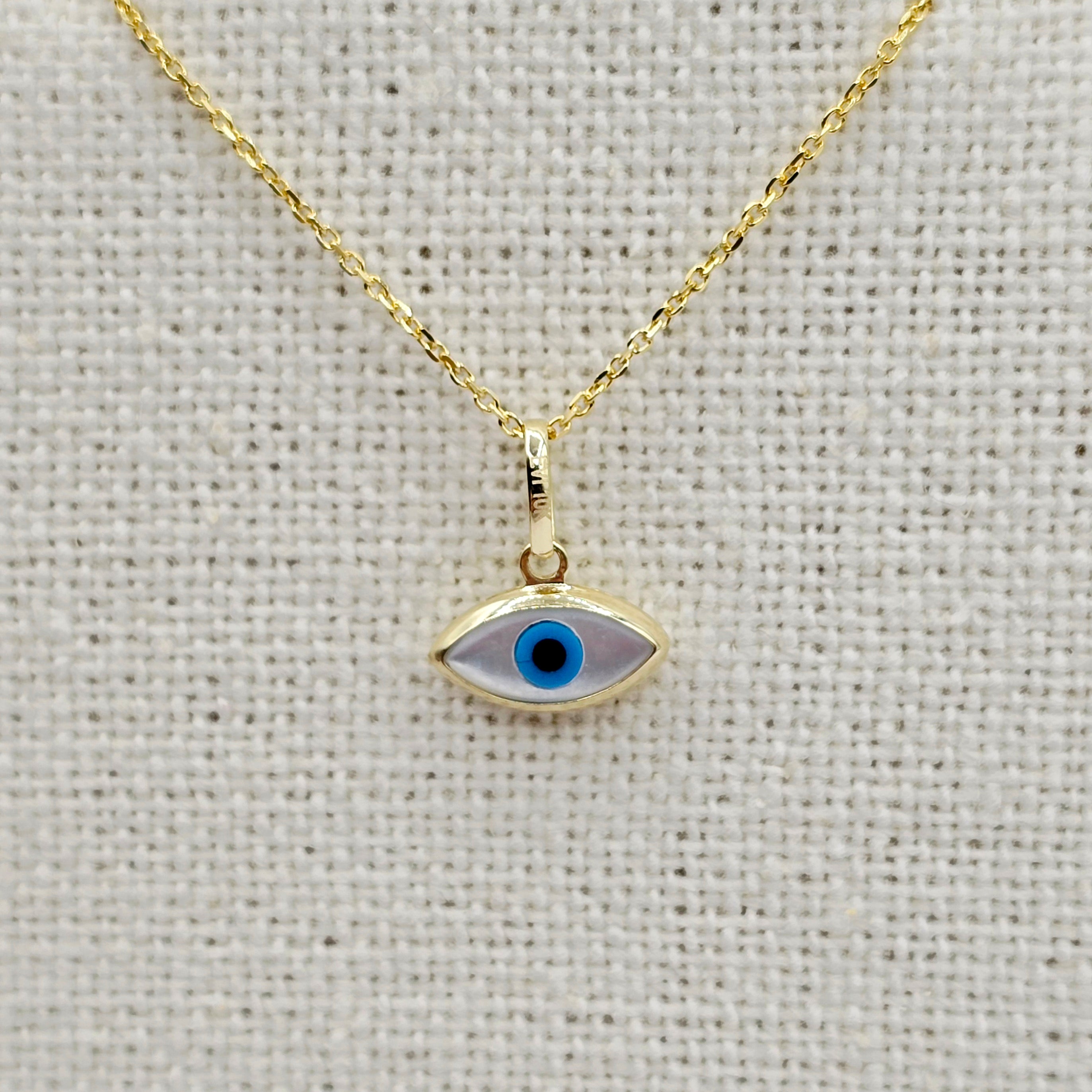10K Solid Yellow Gold Evil Eye Necklace, Blue & White Eye Pendant