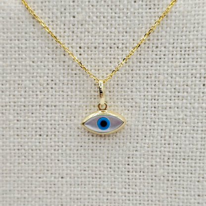 10K Solid Yellow Gold Evil Eye Necklace, Blue & White Eye Pendant