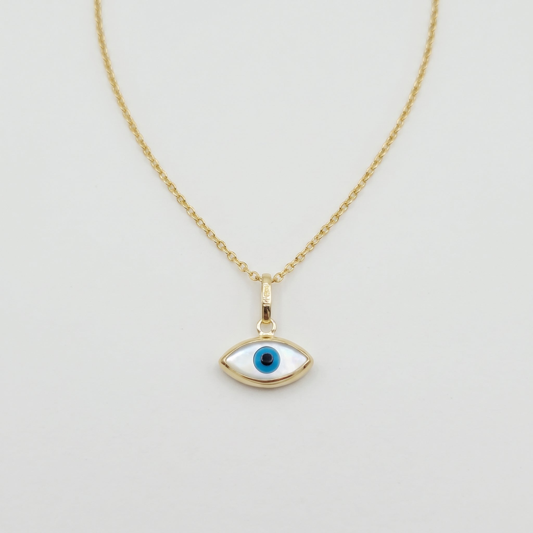 10K Solid Yellow Gold Evil Eye Necklace, Blue & White Eye Pendant