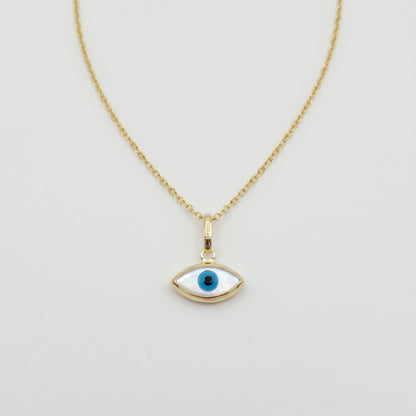 10K Solid Yellow Gold Evil Eye Necklace, Blue & White Eye Pendant