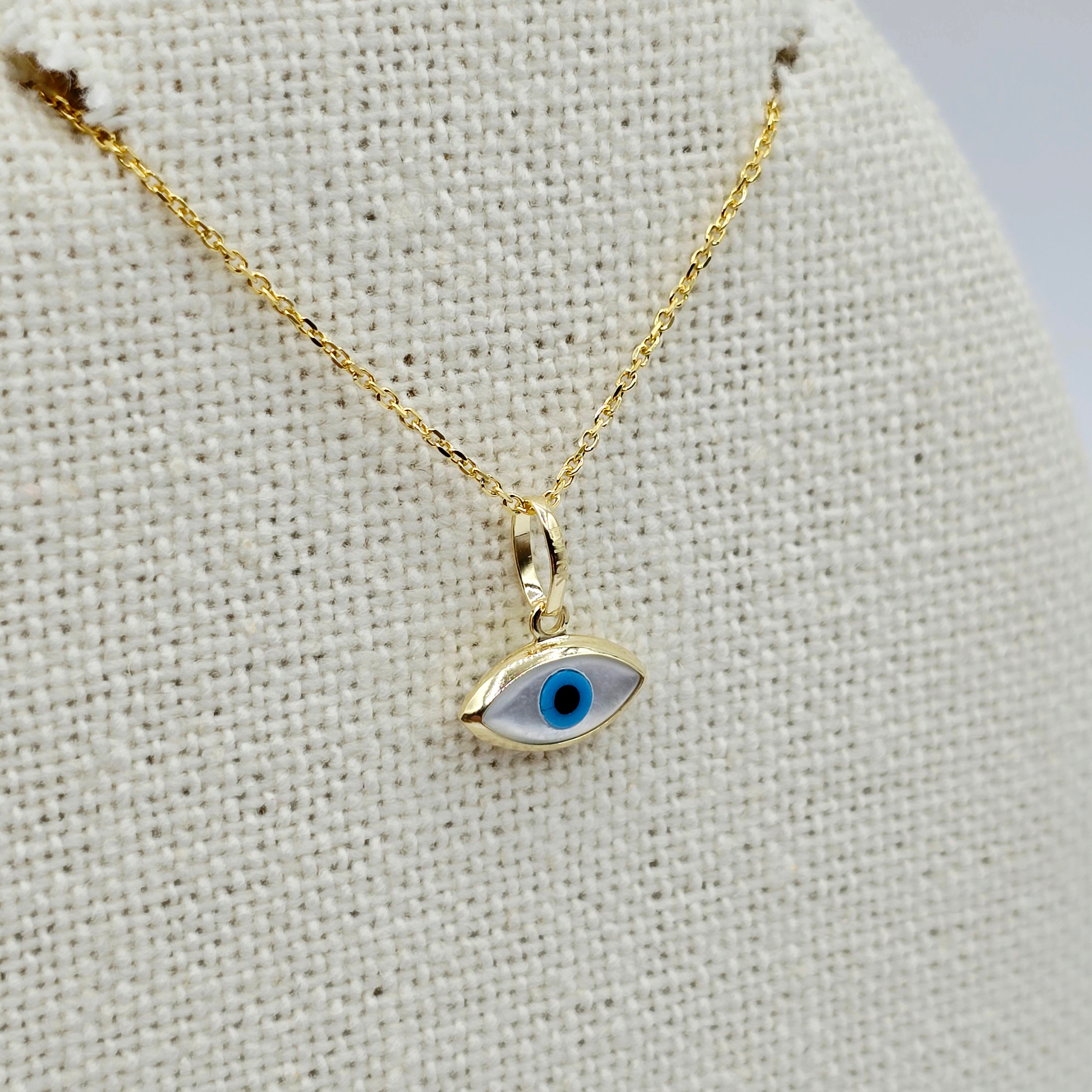 10K Solid Yellow Gold Evil Eye Necklace, Blue & White Eye Pendant