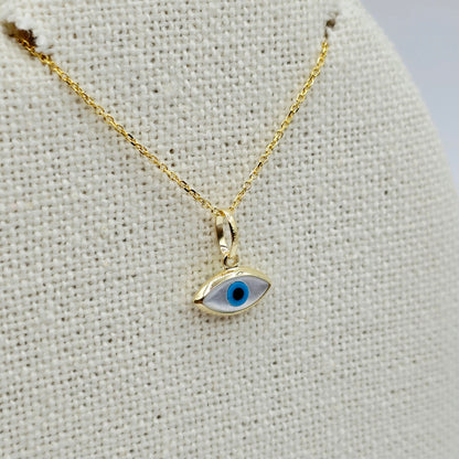 10K Solid Yellow Gold Evil Eye Necklace, Blue & White Eye Pendant