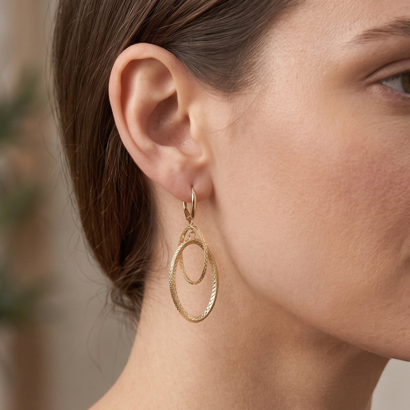 10K Yellow Gold Diamond-Cut Double Oval Dangle Earrings