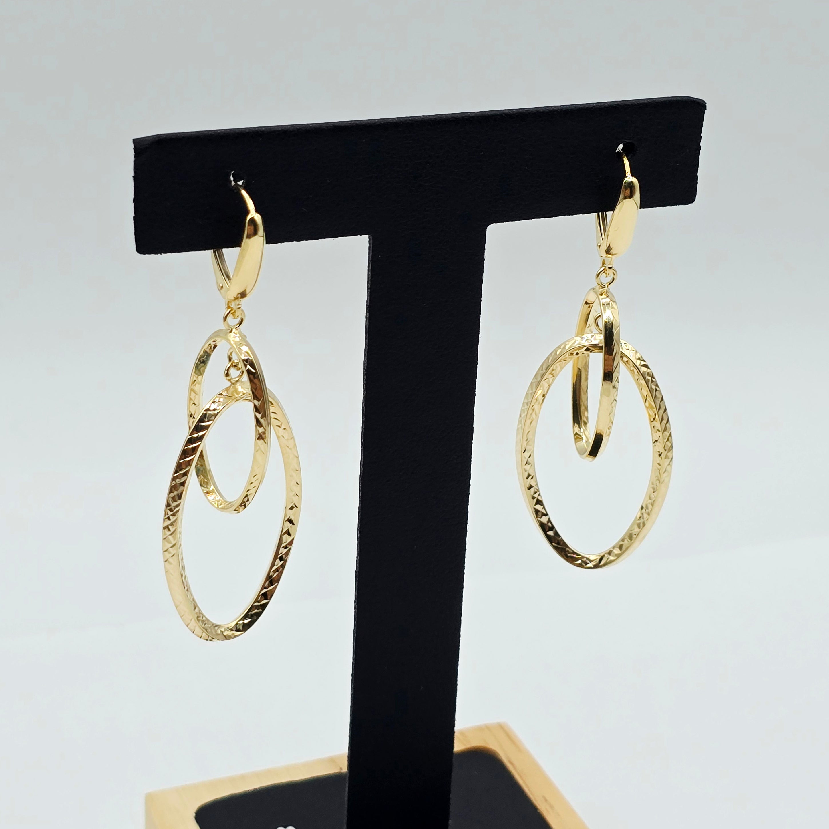 10K Yellow Gold Diamond-Cut Double Oval Dangle Earrings