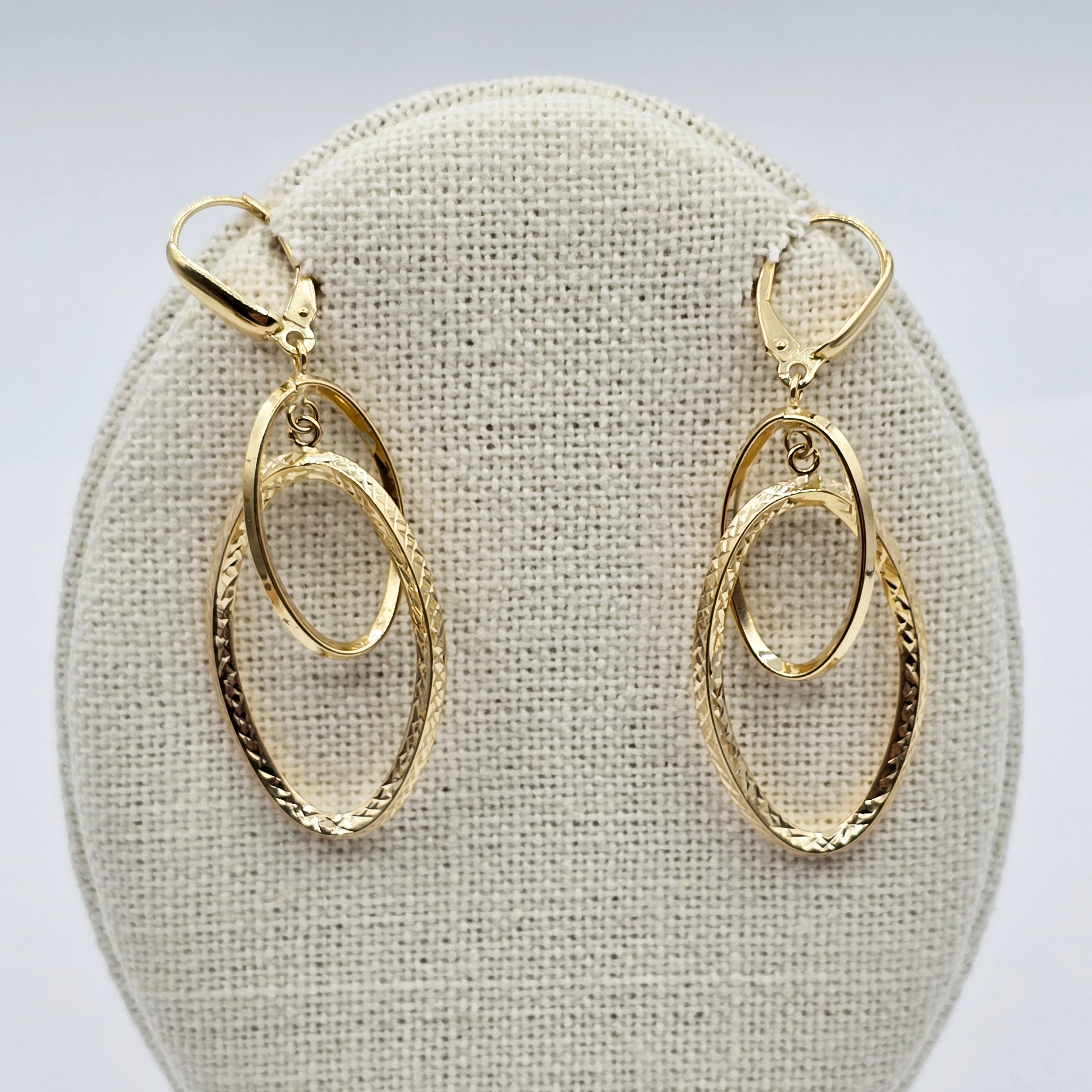 10K Yellow Gold Diamond-Cut Double Oval Dangle Earrings