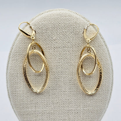 10K Yellow Gold Diamond-Cut Double Oval Dangle Earrings