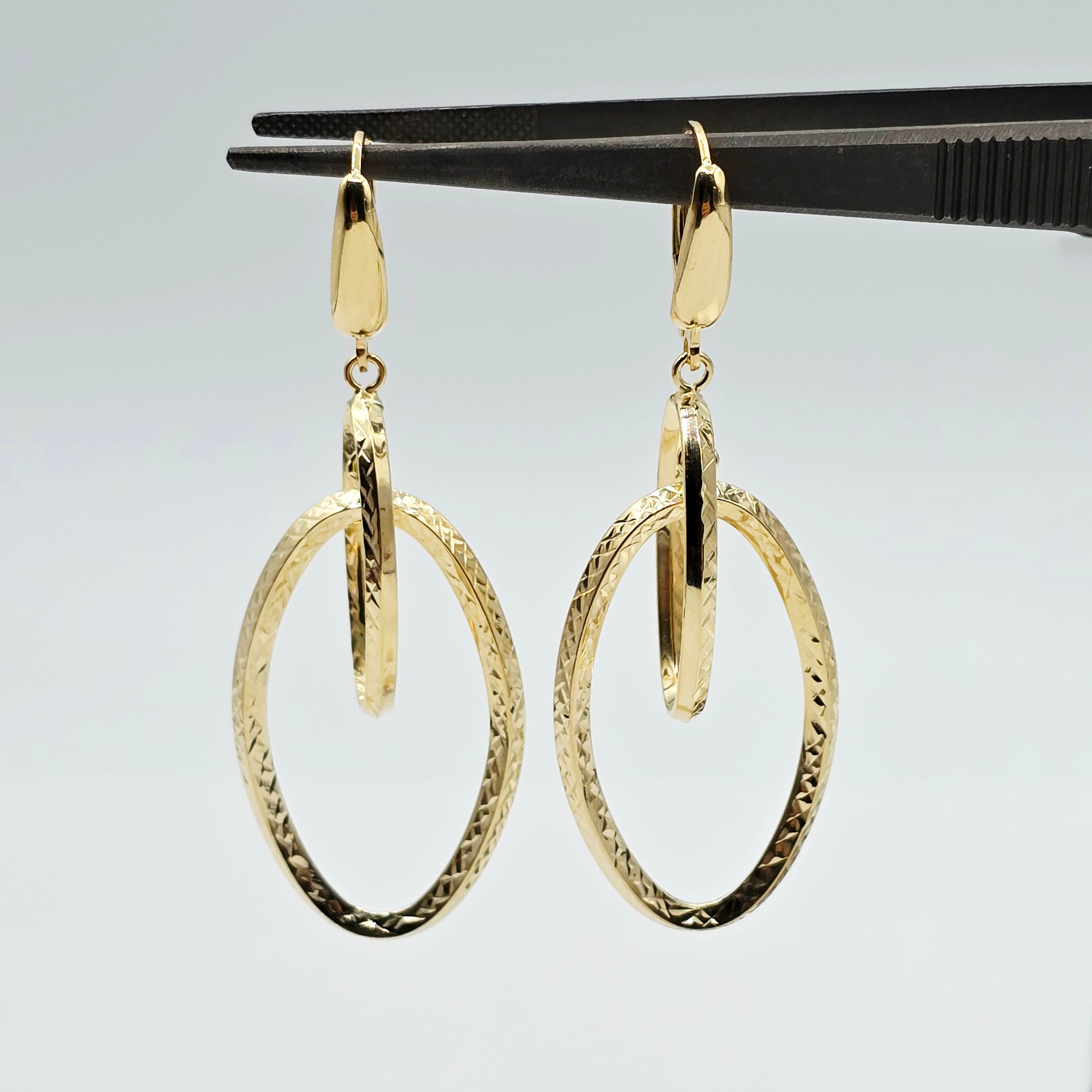 10K Yellow Gold Diamond-Cut Double Oval Dangle Earrings