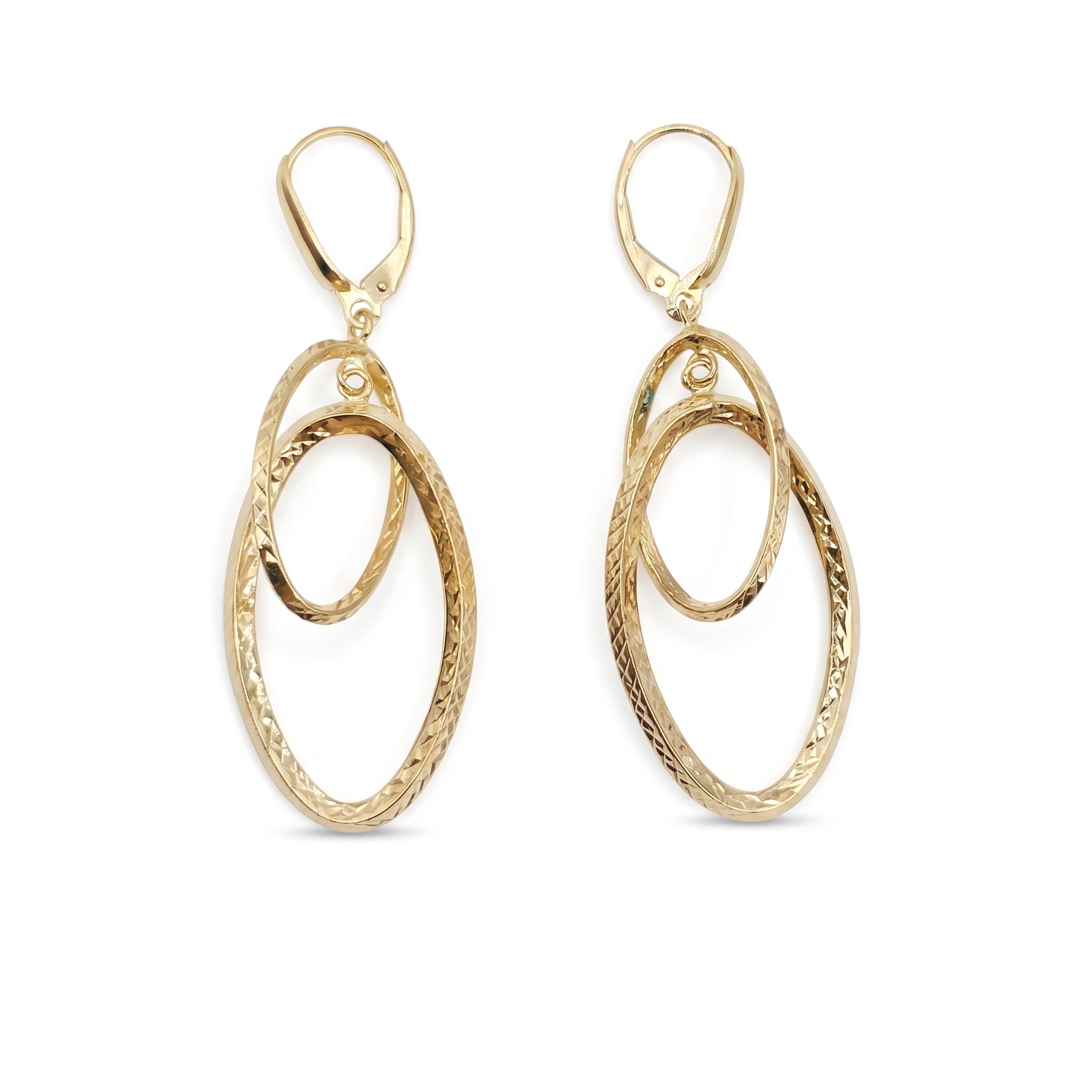 10K Yellow Gold Diamond-Cut Double Oval Dangle Earrings