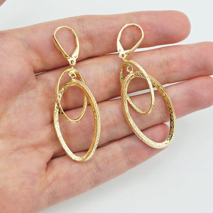 10K Yellow Gold Diamond-Cut Double Oval Dangle Earrings
