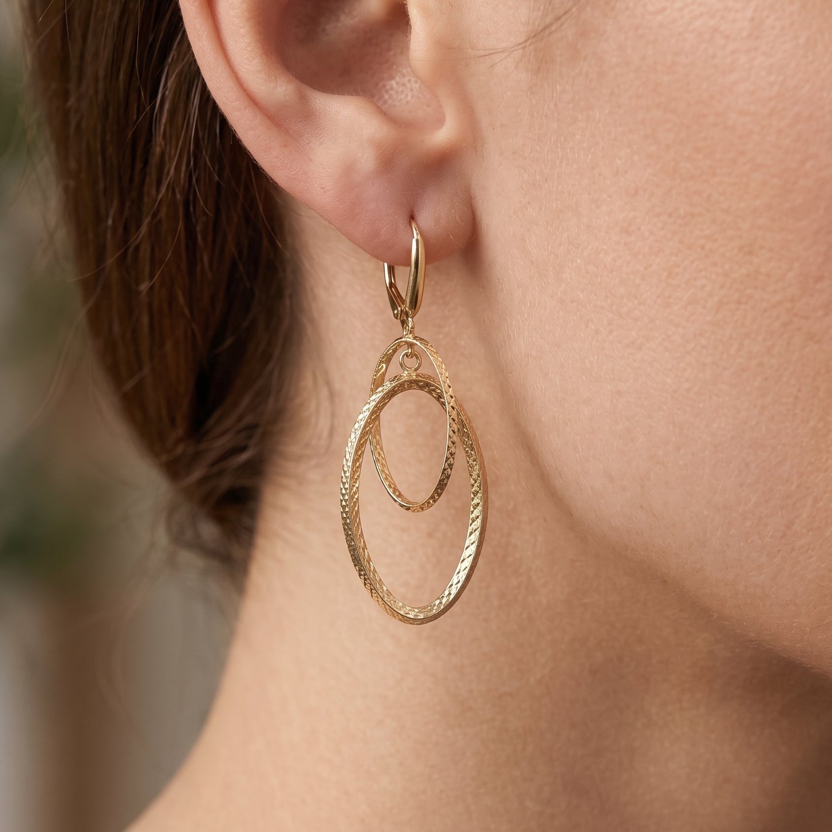 10K Yellow Gold Diamond-Cut Double Oval Dangle Earrings