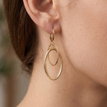 10K Yellow Gold Diamond-Cut Double Oval Dangle Earrings