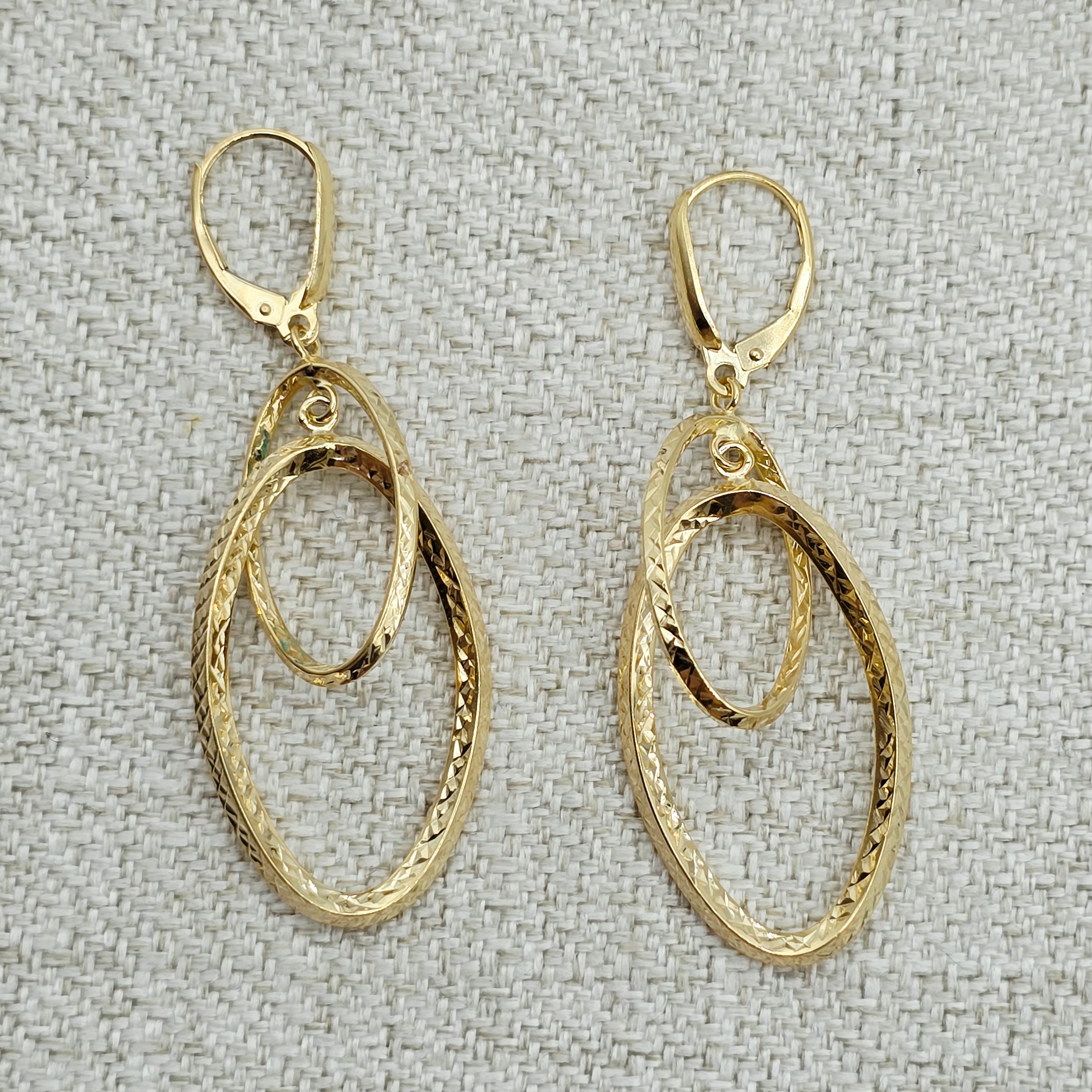 10K Yellow Gold Diamond-Cut Double Oval Dangle Earrings