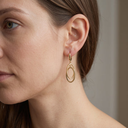 10K Yellow Gold Double Oval Dangle Earrings