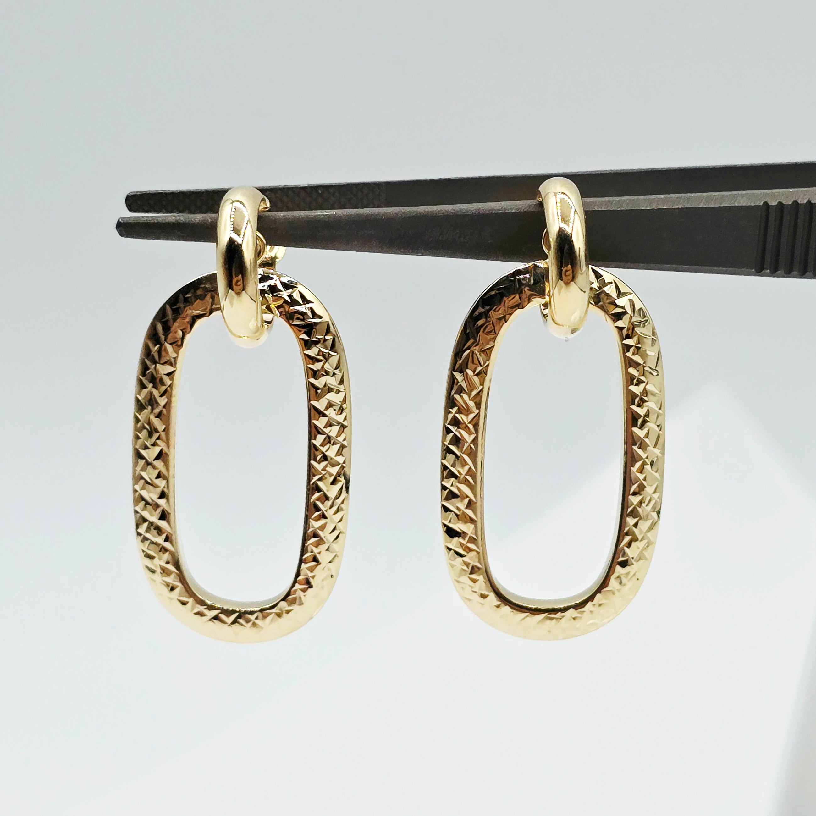 10K Solid Yellow Gold Textured Oval Drop Earrings