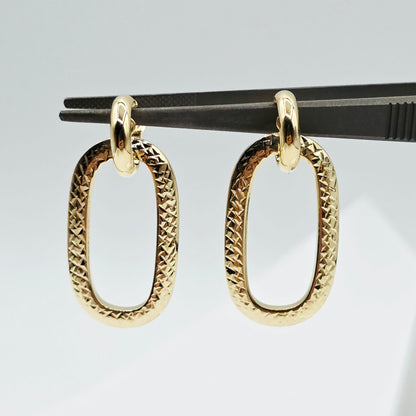 10K Solid Yellow Gold Textured Oval Drop Earrings