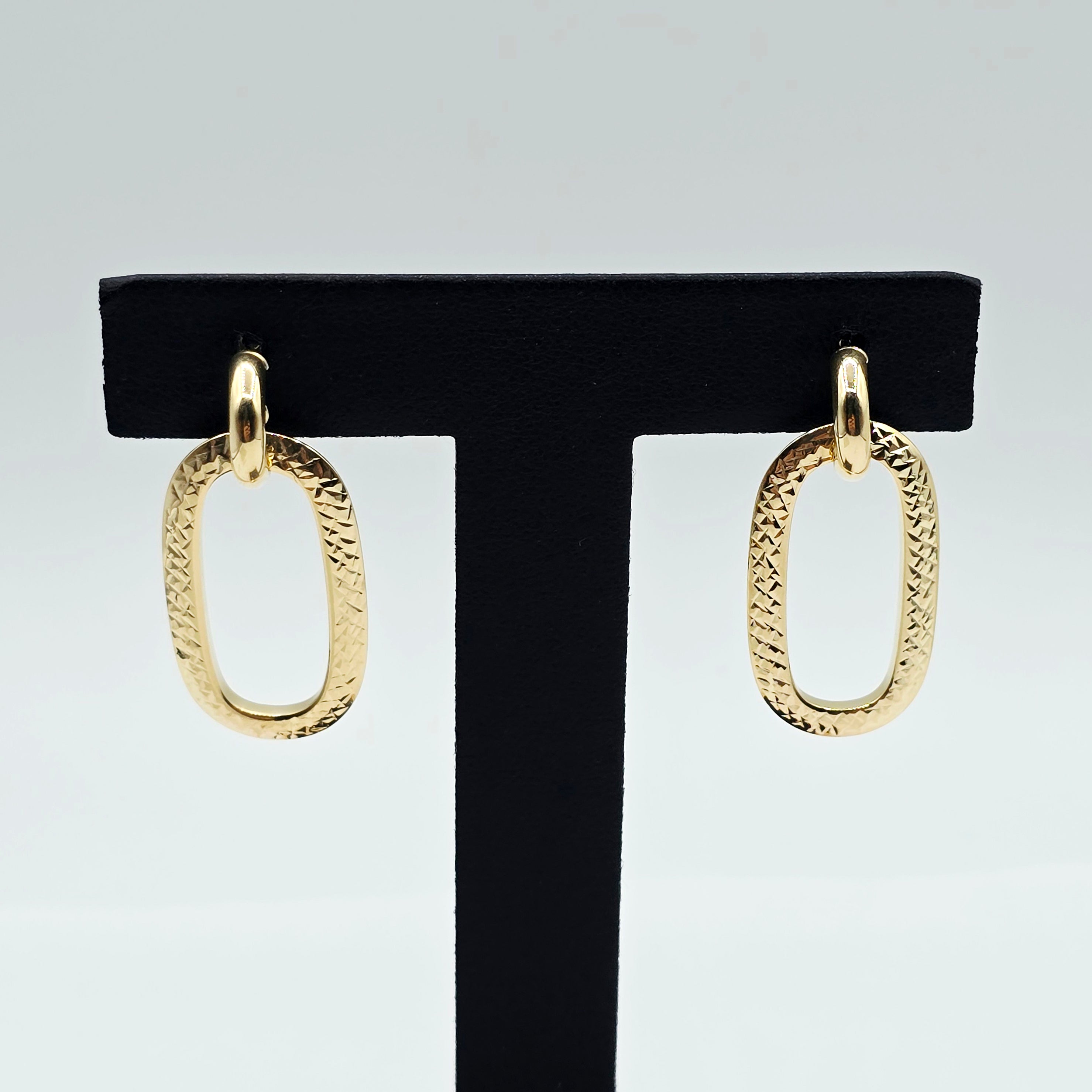 10K Solid Yellow Gold Textured Oval Drop Earrings