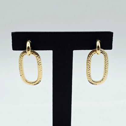 10K Solid Yellow Gold Textured Oval Drop Earrings