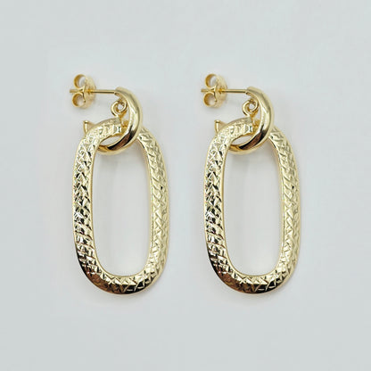 10K Solid Yellow Gold Textured Oval Drop Earrings