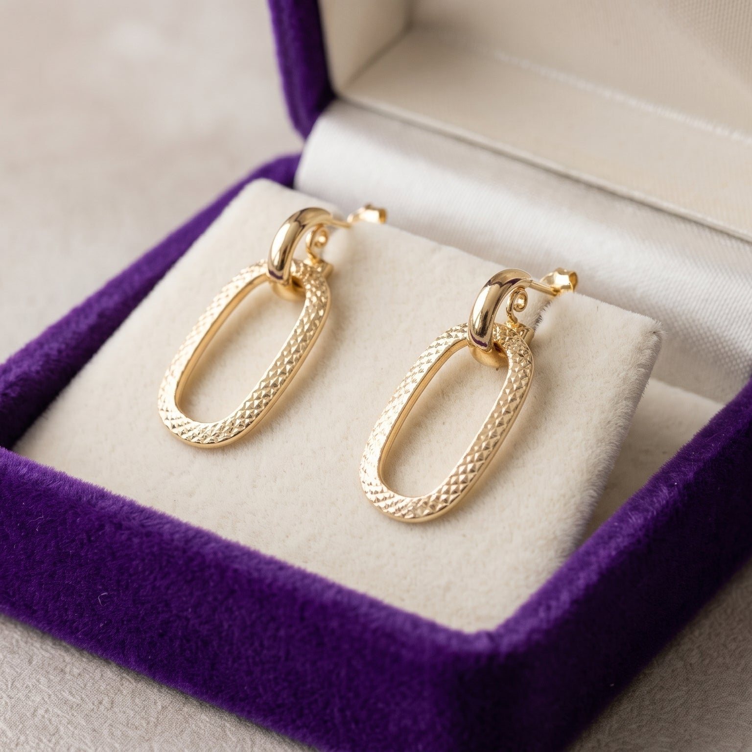 10K Solid Yellow Gold Textured Oval Drop Earrings