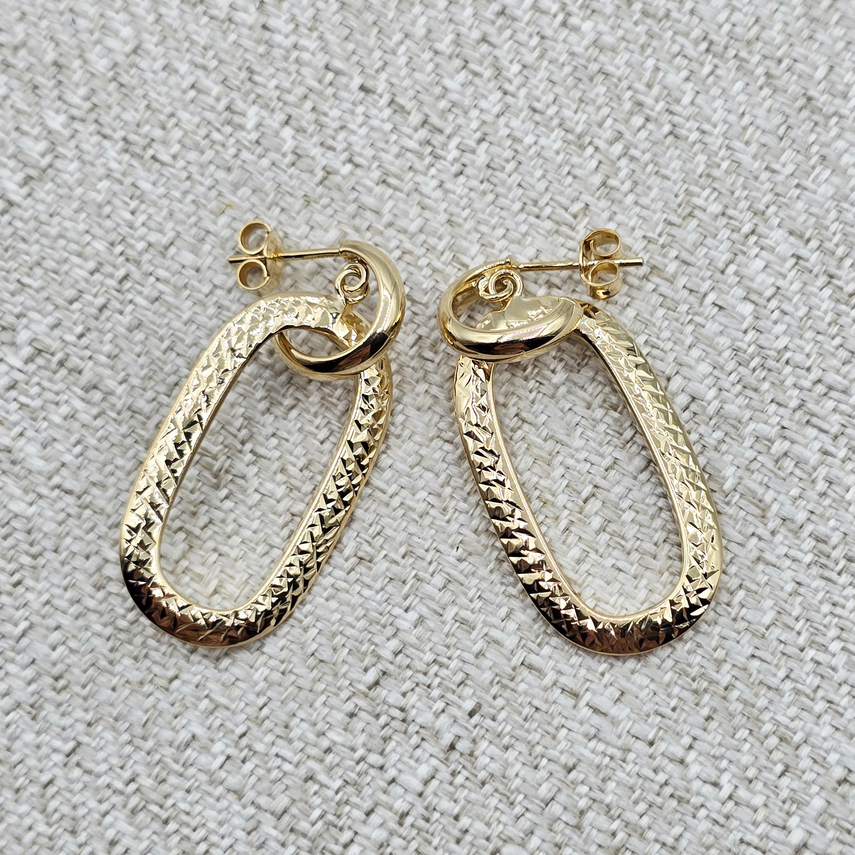 10K Solid Yellow Gold Textured Oval Drop Earrings