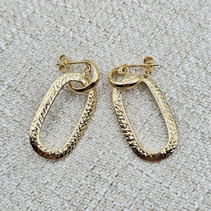 10K Solid Yellow Gold Textured Oval Drop Earrings