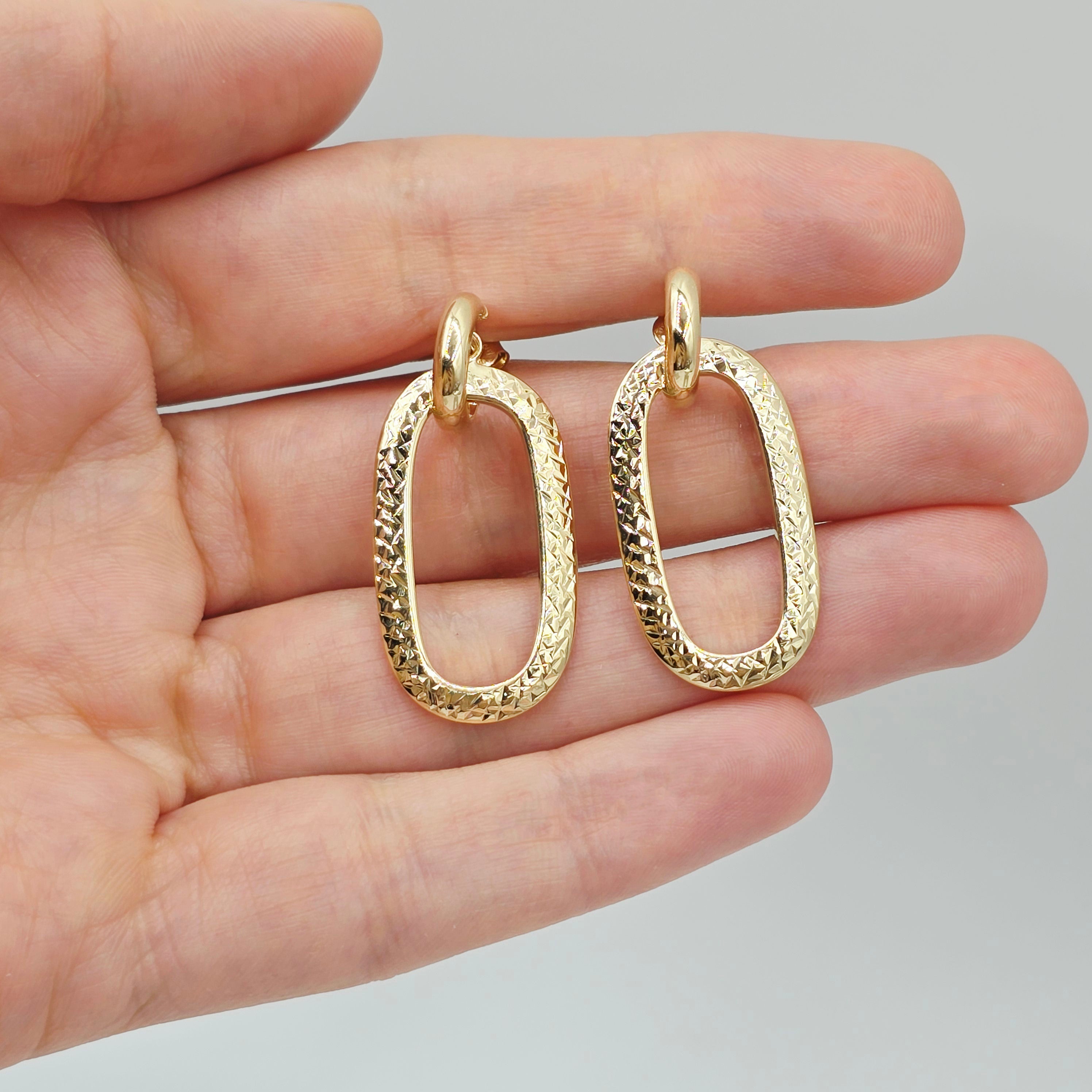 10K Solid Yellow Gold Textured Oval Drop Earrings