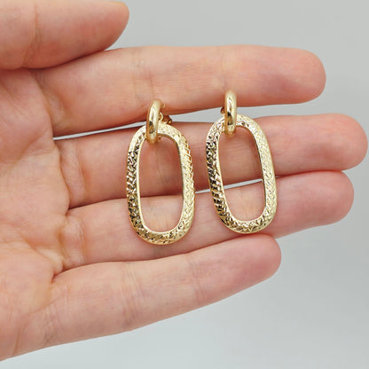 10K Solid Yellow Gold Textured Oval Drop Earrings