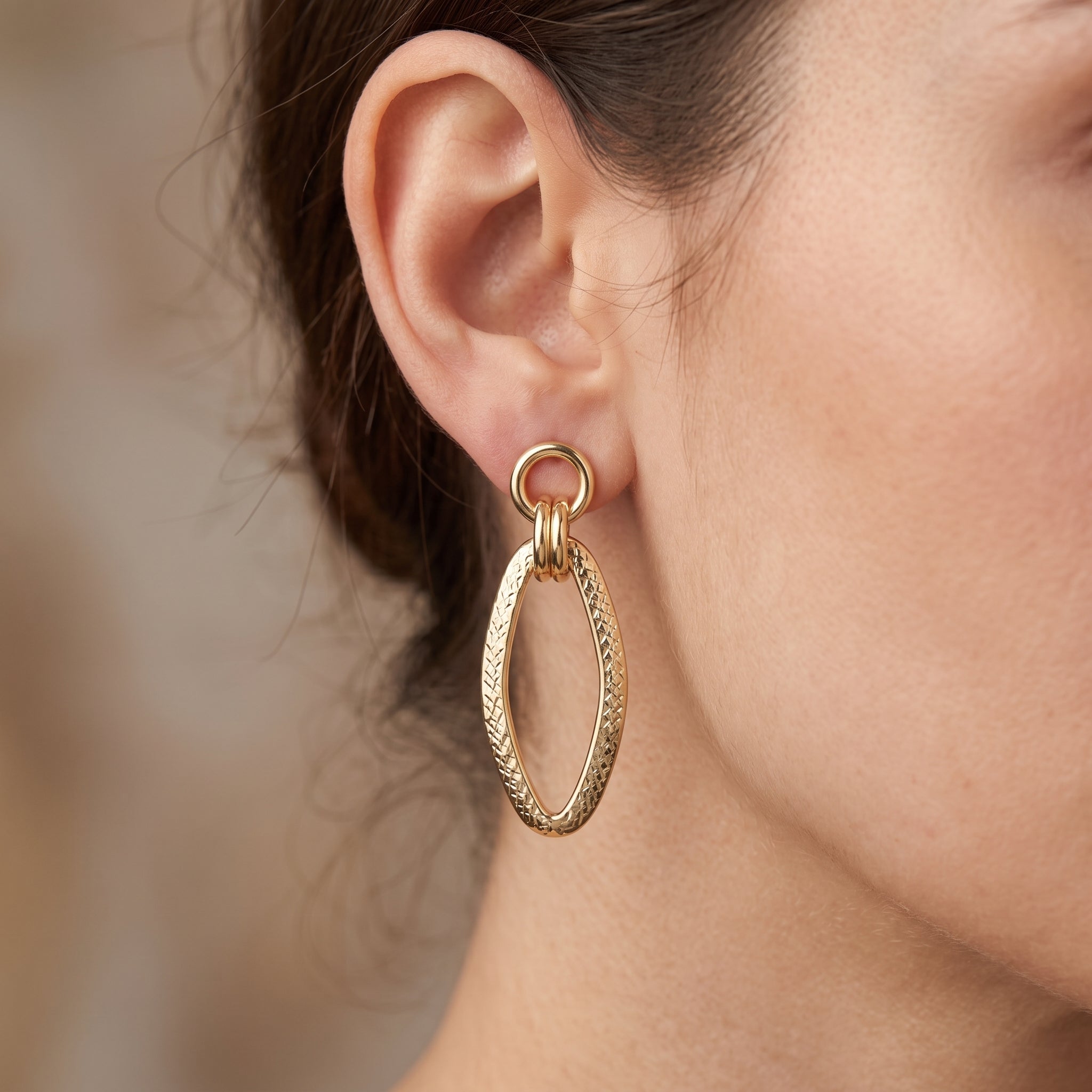 10K Yellow Gold Textured Oval Dangle Earrings