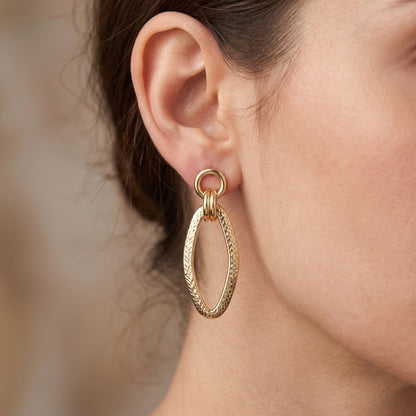 10K Yellow Gold Textured Oval Dangle Earrings