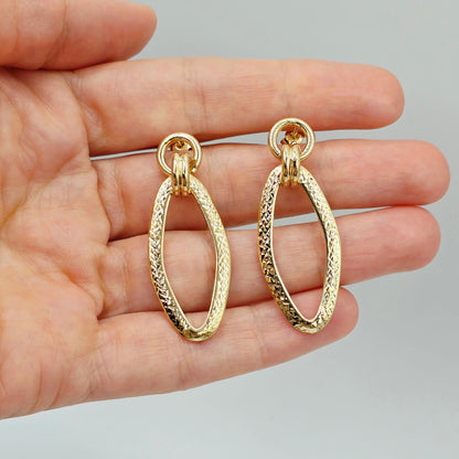 10K Yellow Gold Textured Oval Dangle Earrings