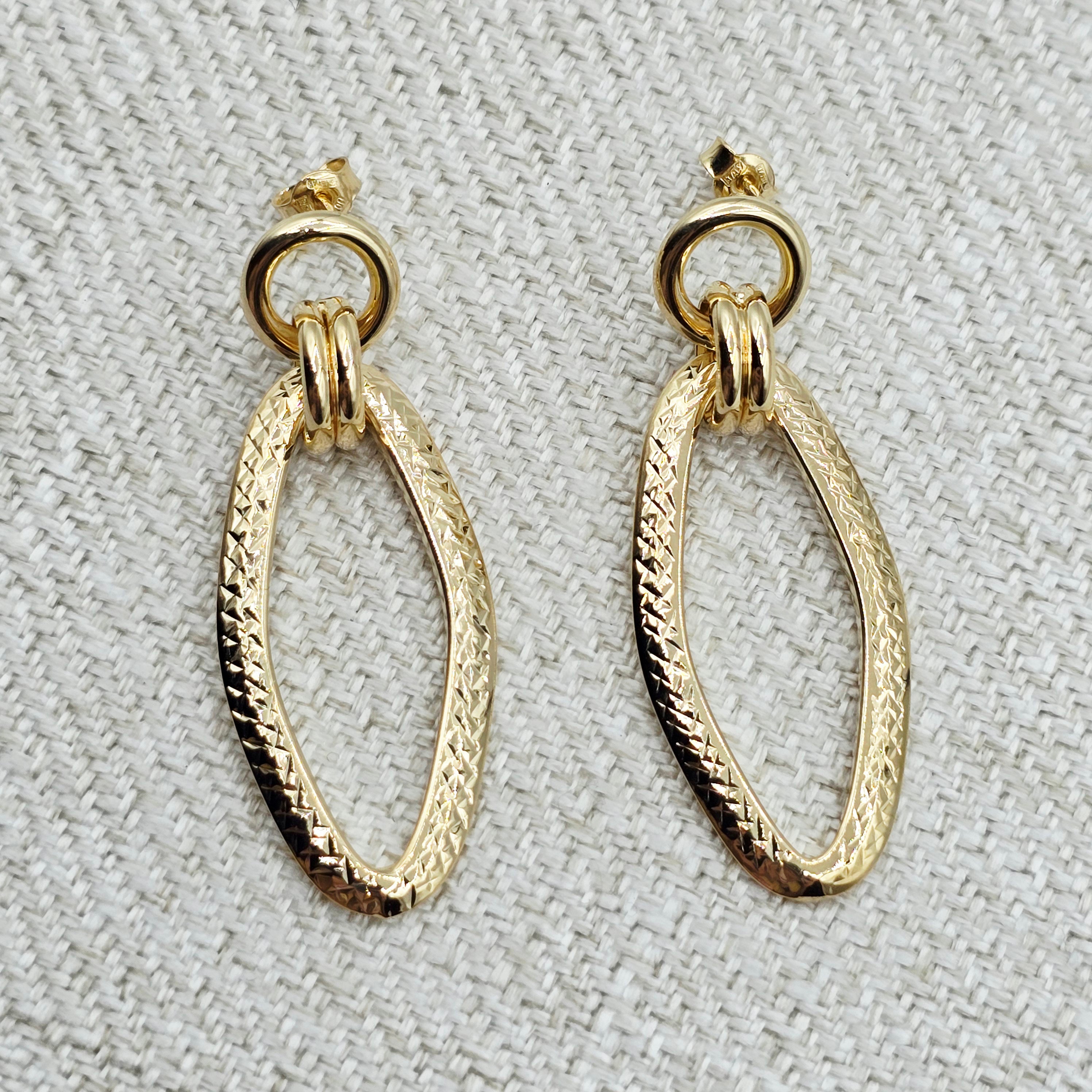 10K Yellow Gold Textured Oval Dangle Earrings