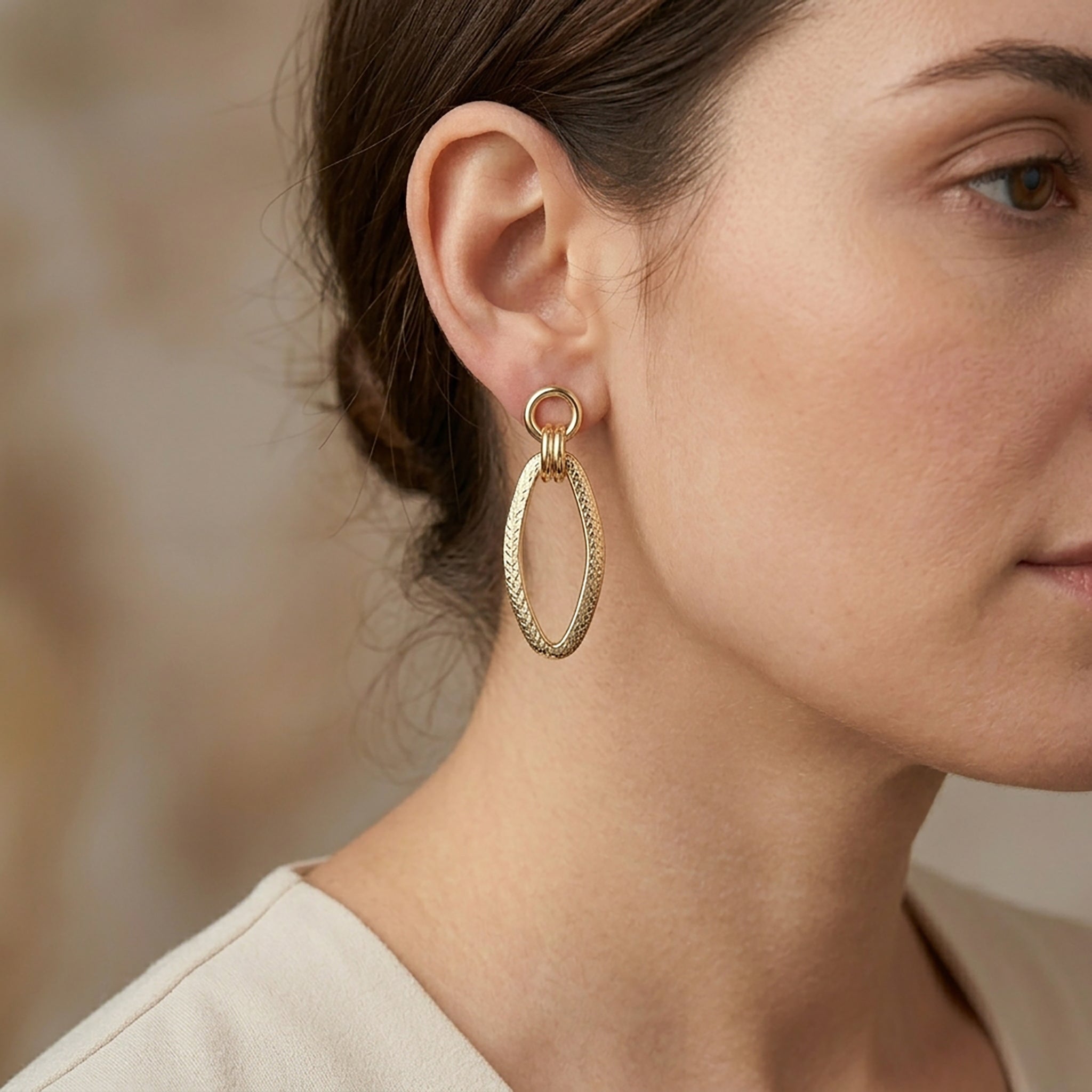 10K Yellow Gold Textured Oval Dangle Earrings