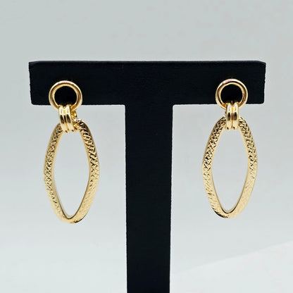 10K Yellow Gold Textured Oval Dangle Earrings