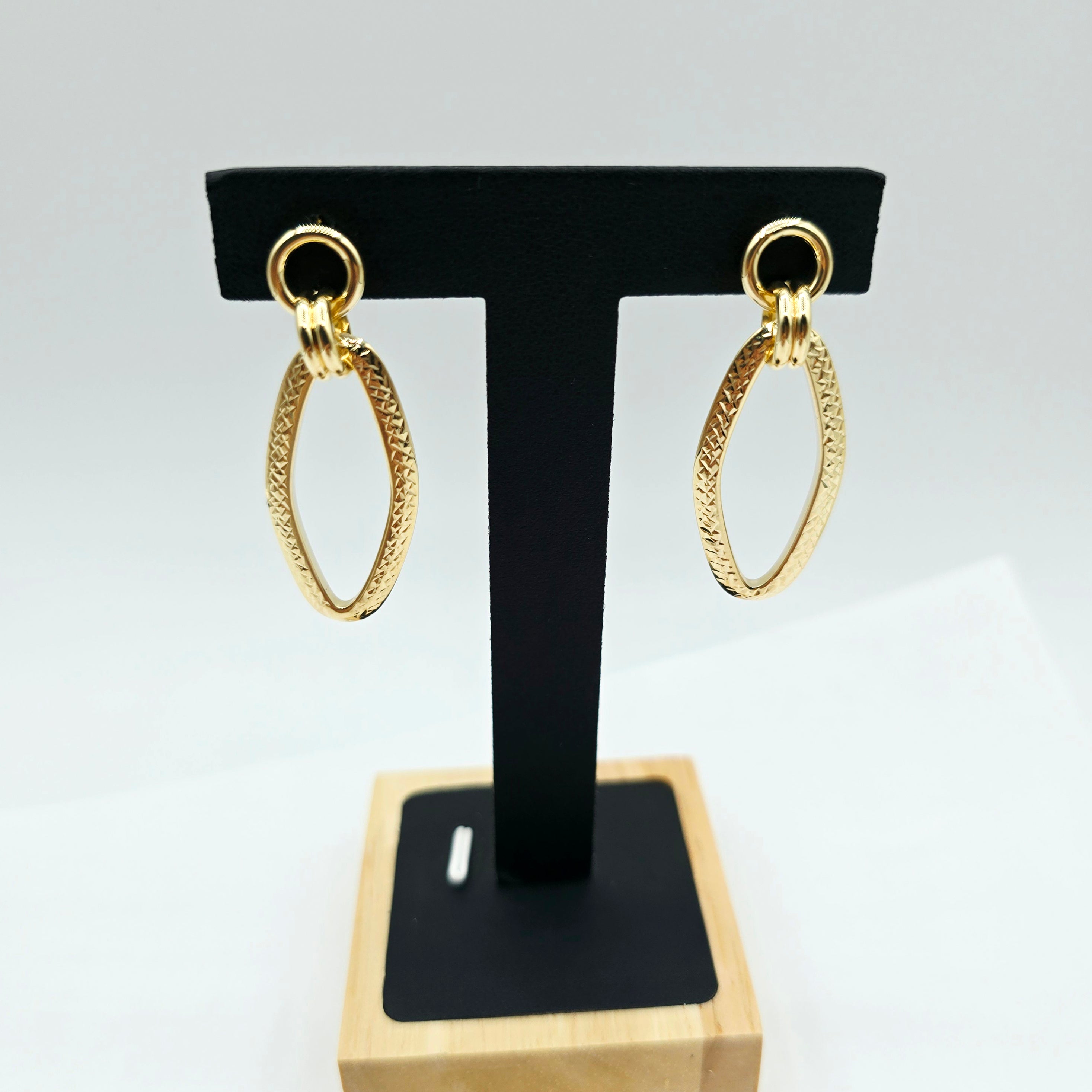 10K Yellow Gold Textured Oval Dangle Earrings