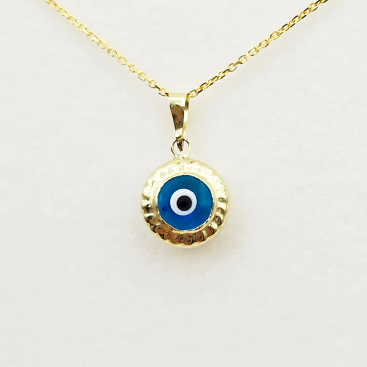 10K Solid Yellow Gold Blue Evil Eye Pendant Necklace