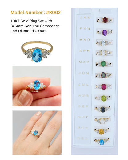 Gold Natural Gemstone Ring , 10K Solid Gold Genuine Gemstone 8x6mm Ring with Diamonds, Birthstone Ring, Rings Jewelry, Gift For Her