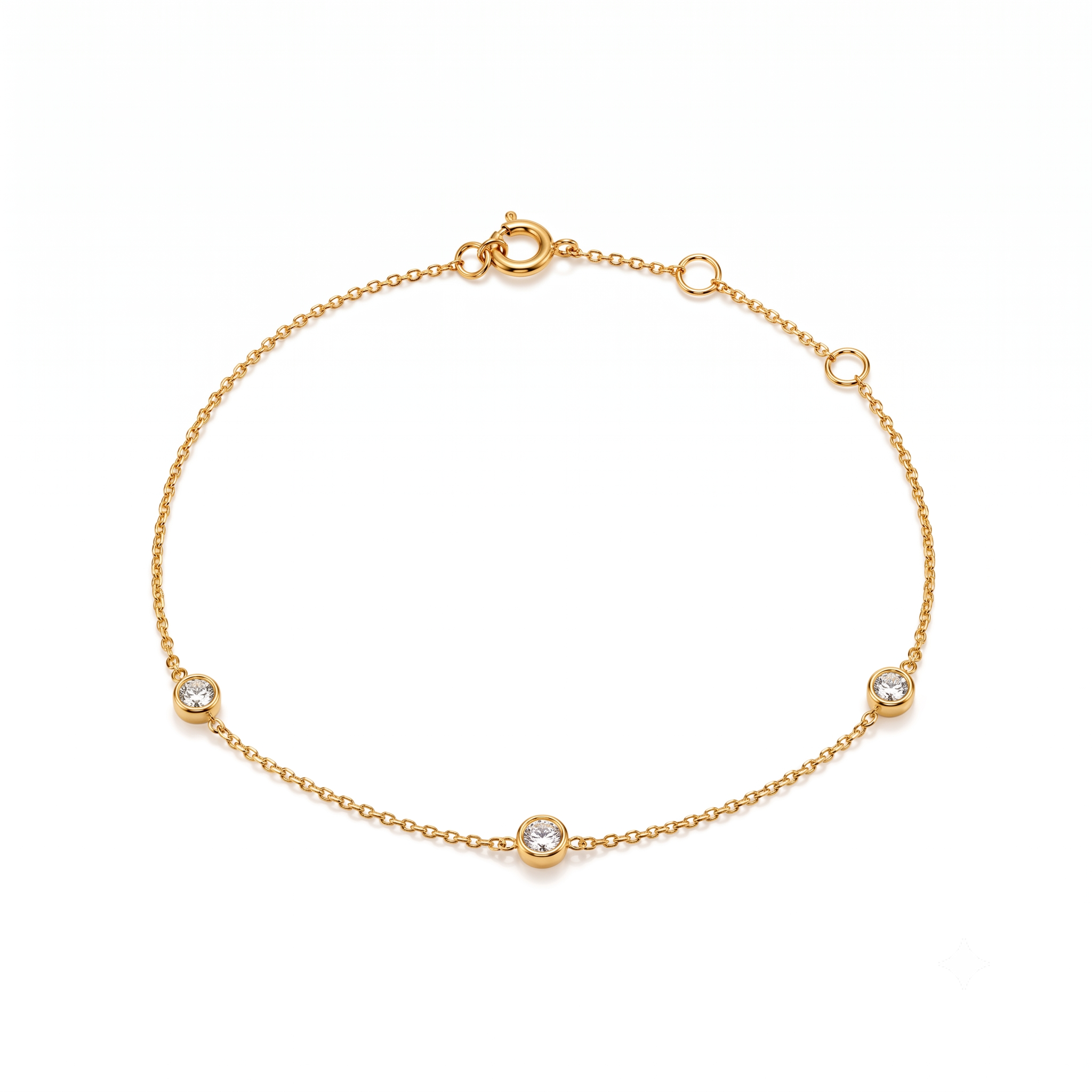 10K Yellow Gold Cubic Zirconia Bezel Bracelet for Women, 3-Stone, Adjustable 6.5–7.5 in