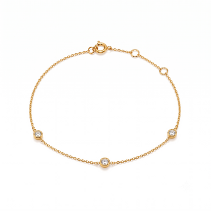 10K Yellow Gold Cubic Zirconia Bezel Bracelet for Women, 3-Stone, Adjustable 6.5–7.5 in