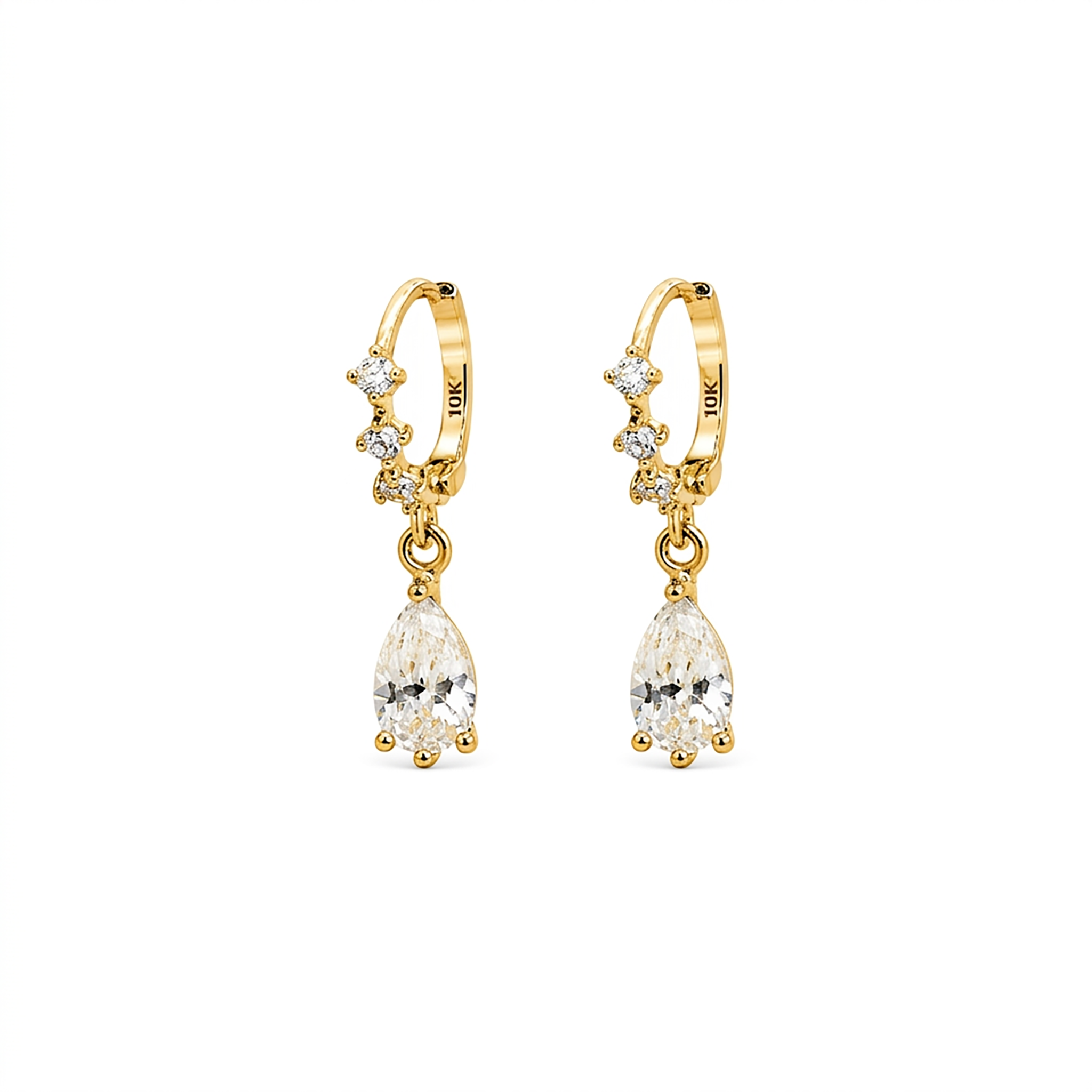 10K Yellow Gold Pear Cut Cubic Zirconia Huggie Hoop Drop Earrings